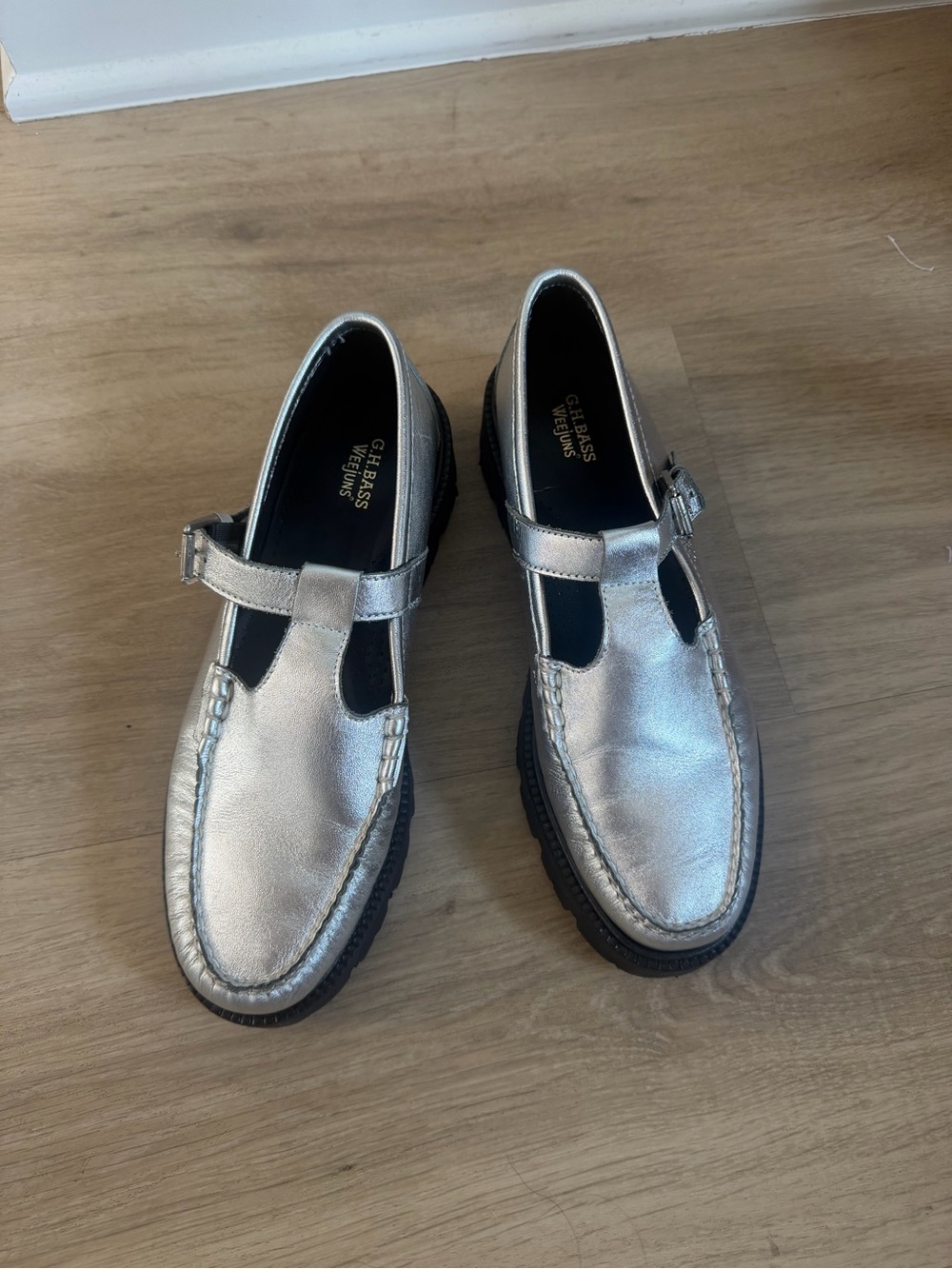 G.H. Bass & Co. Silver T-Strap Slip-On Loafers